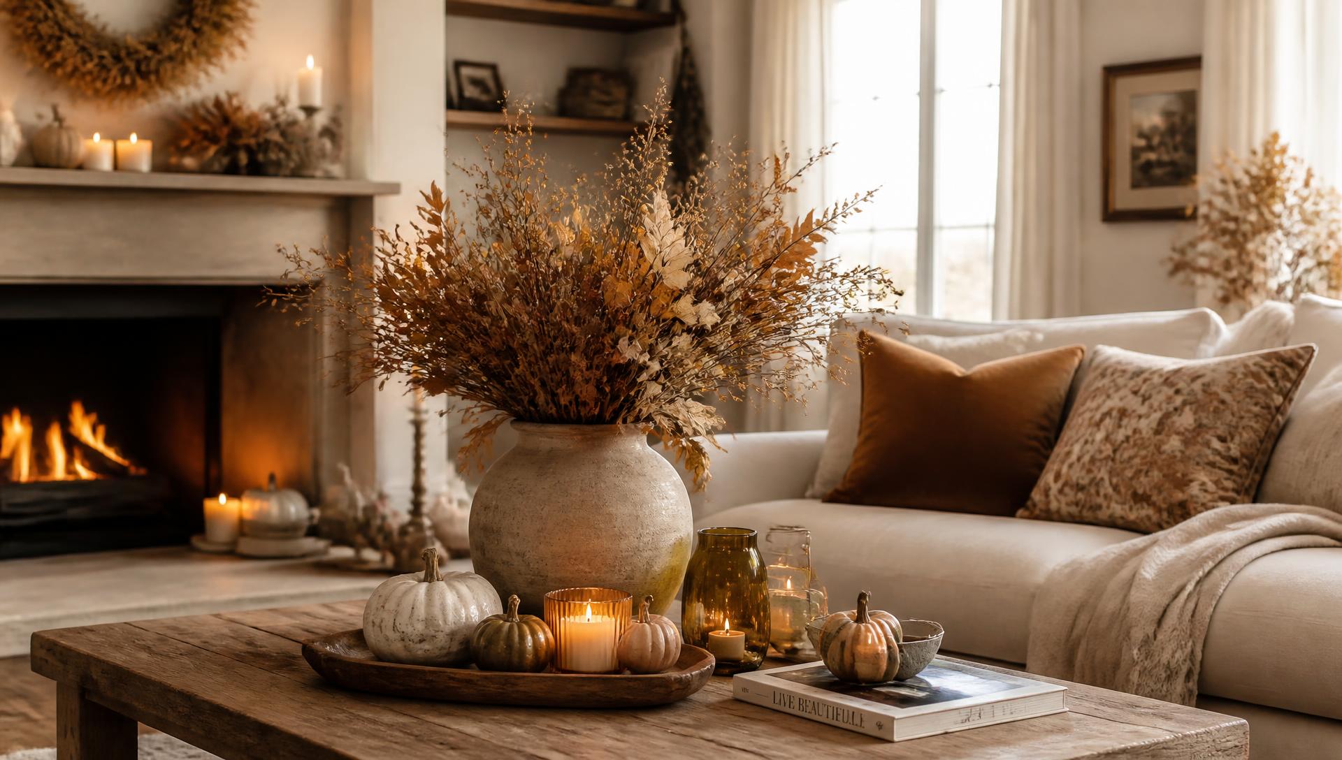 Cozy autumn living room styled with ceramic pumpkins, candles and dried florals